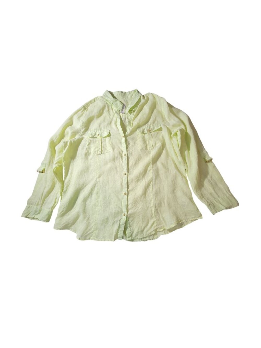 Chicos Yellow Linen Button-Down Shirt Size 2 Long Sleeve Lightweight Casual Wear